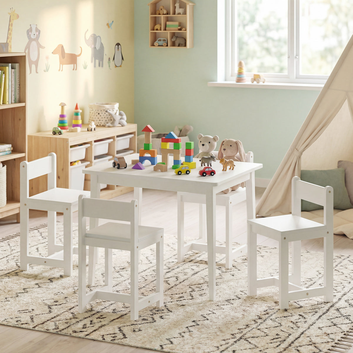 Kids Table and Chairs Set - Solid Rubber Wood, White, 5-Piece Toddler Activity Furniture