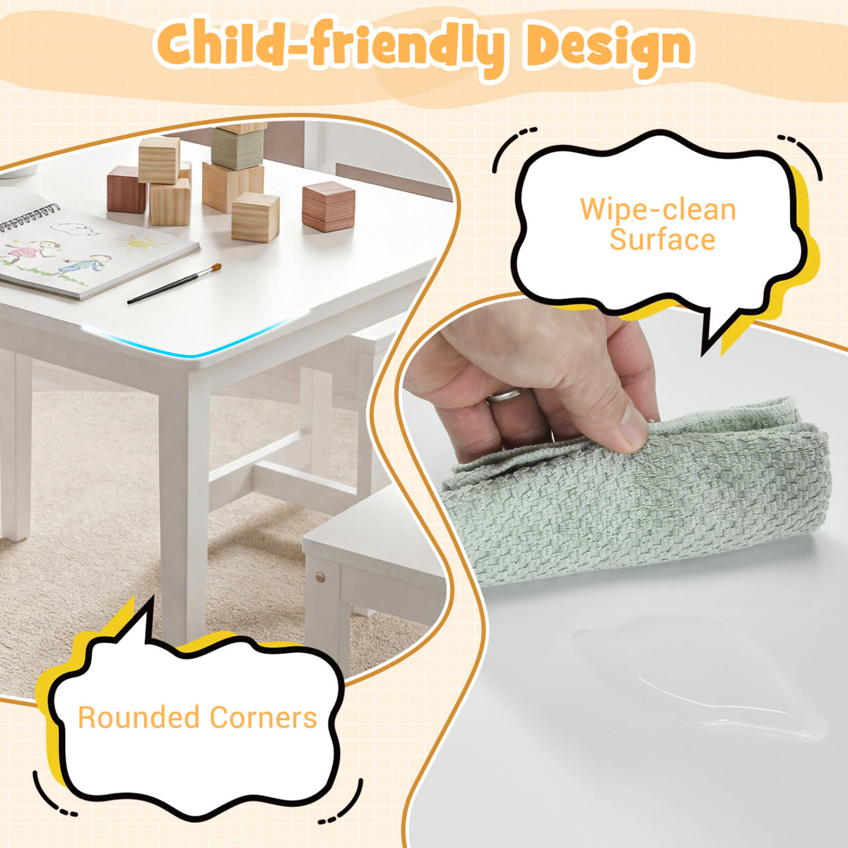 Kids Table and Chairs Set - Solid Rubber Wood, White, 5-Piece Toddler Activity Furniture