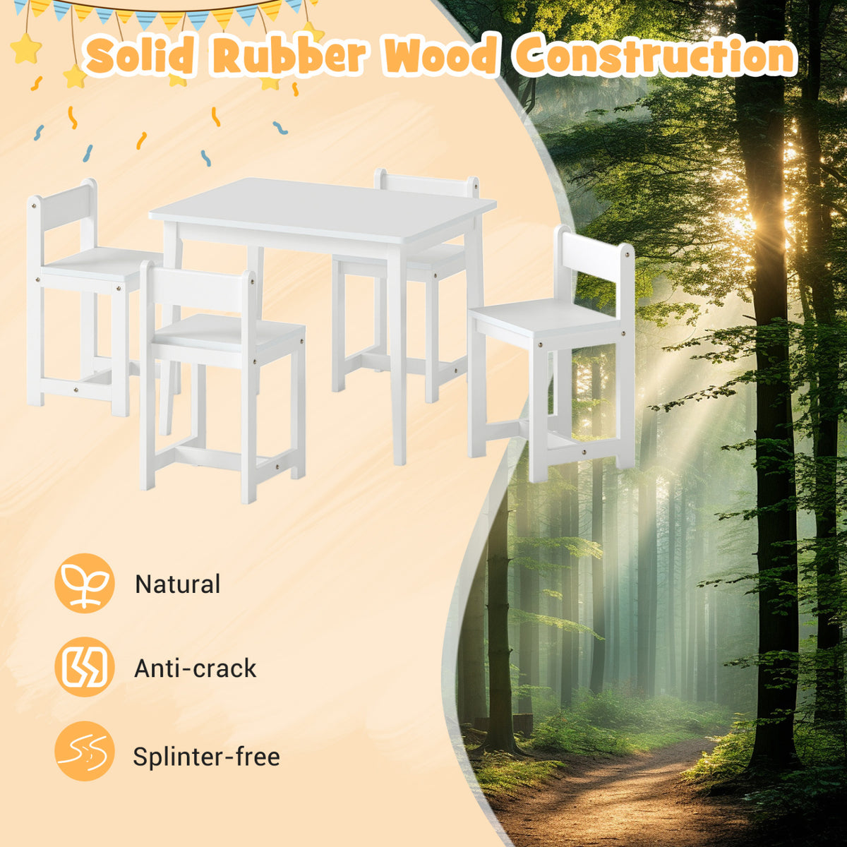 Kids Table and Chairs Set - Solid Rubber Wood, White, 5-Piece Toddler Activity Furniture