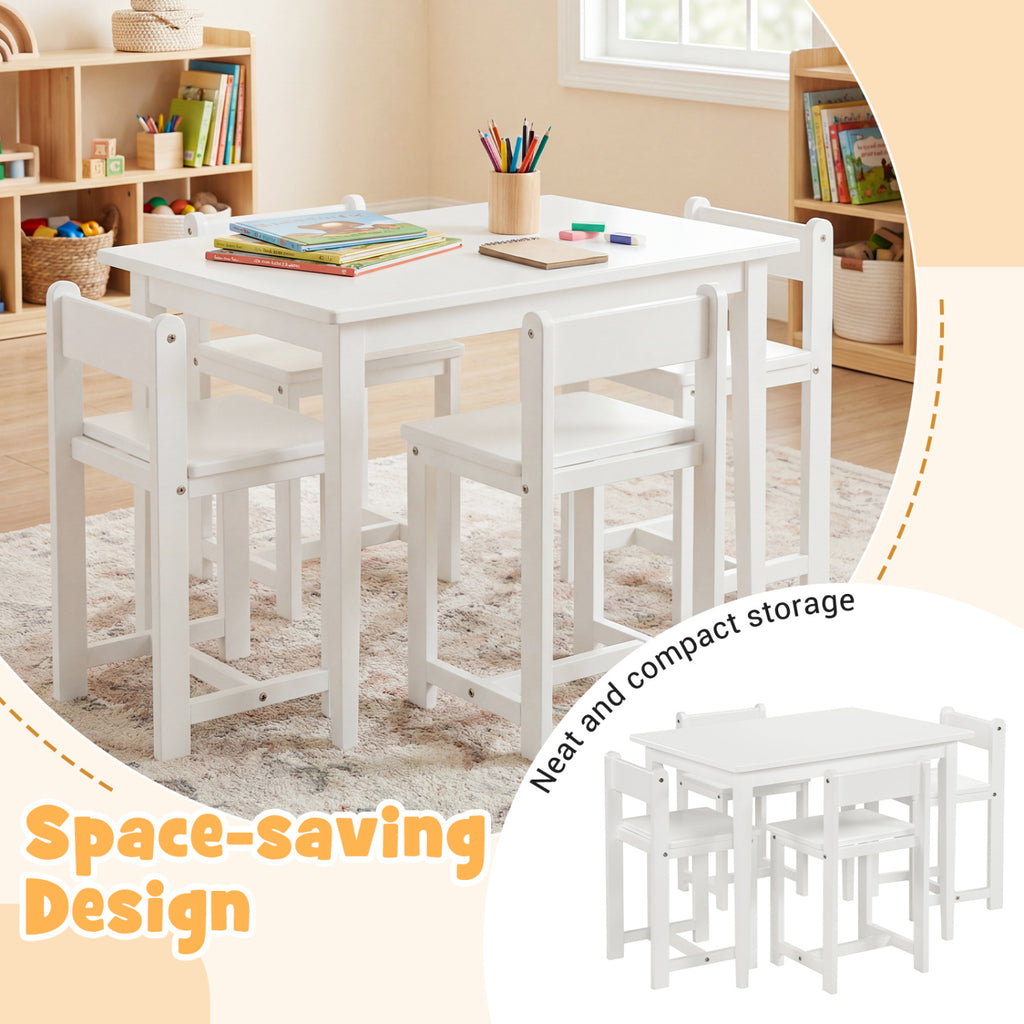 Kids Table and Chairs Set - Solid Rubber Wood, White, 5-Piece Toddler Activity Furniture