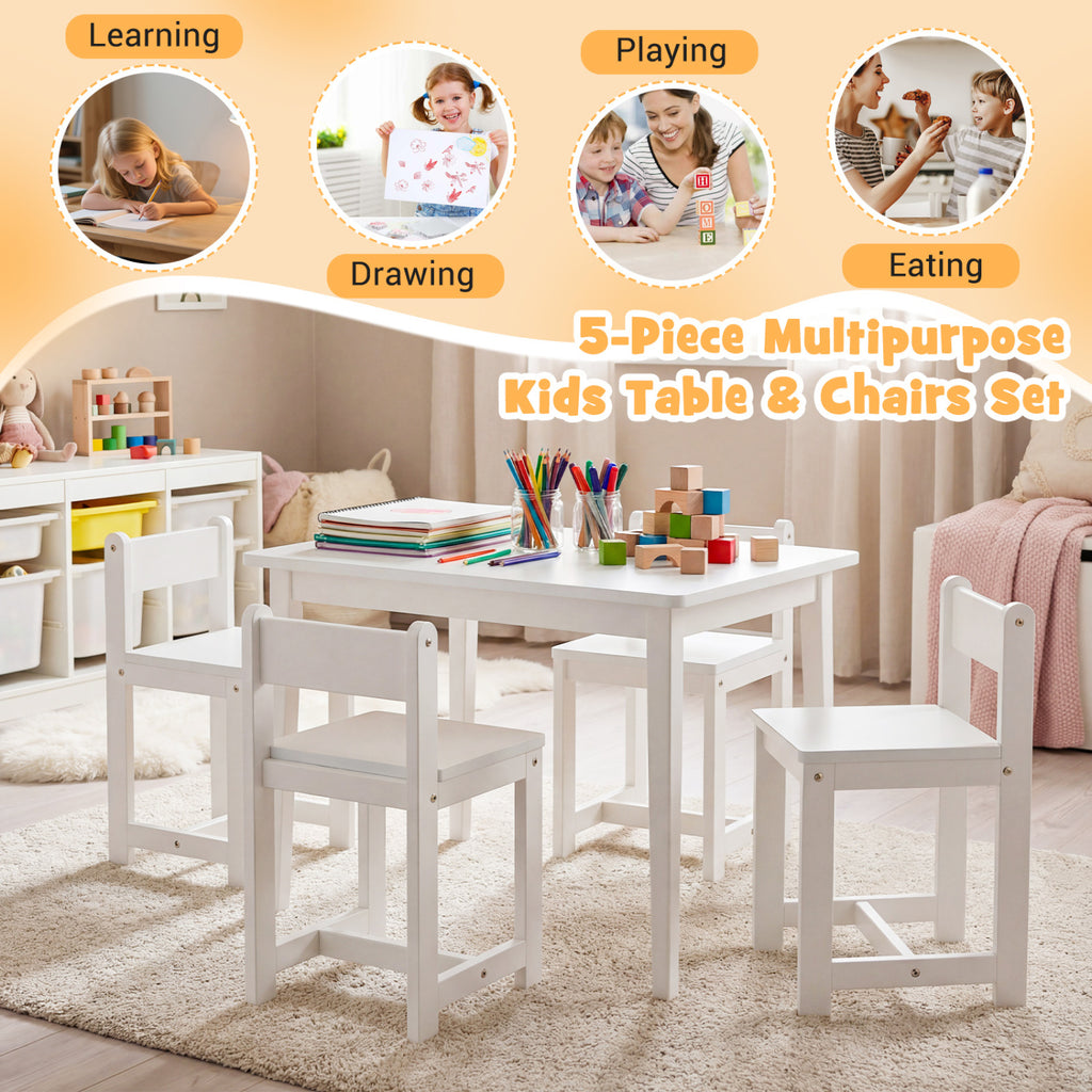 Kids Table and Chairs Set - Solid Rubber Wood, White, 5-Piece Toddler Activity Furniture