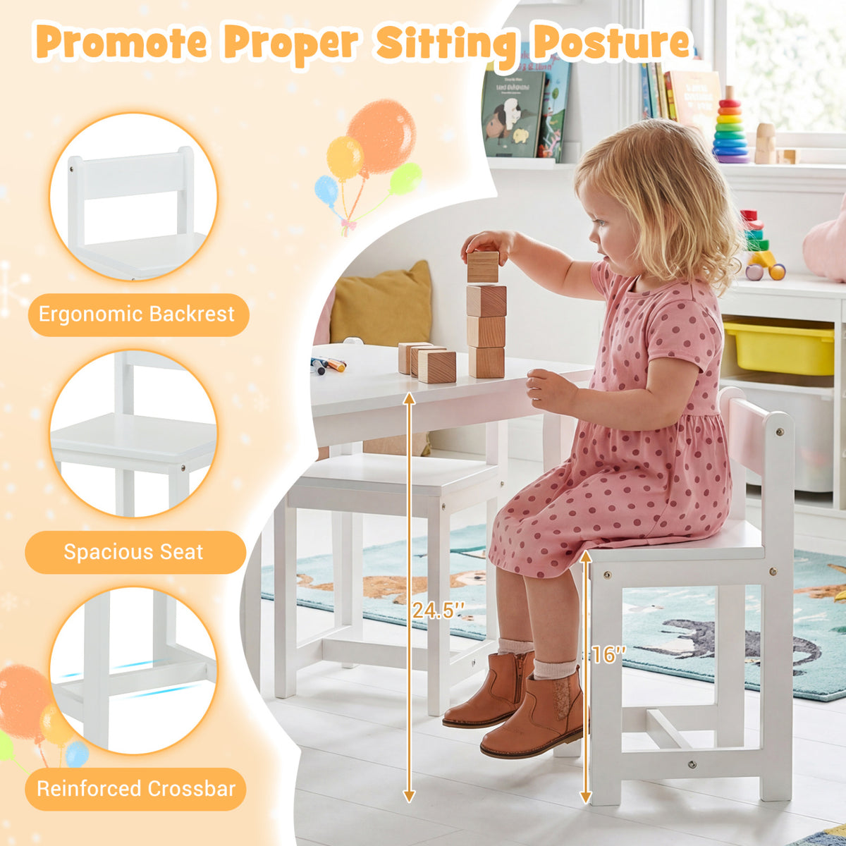 Kids Table and Chairs Set - Solid Rubber Wood, White, 5-Piece Toddler Activity Furniture