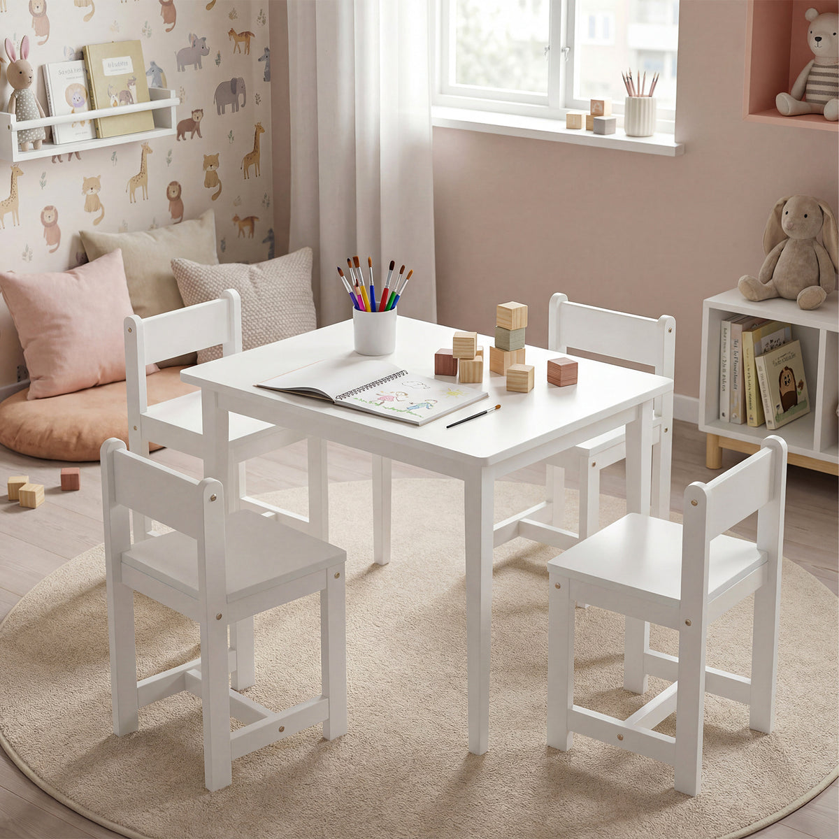 Kids Table and Chairs Set - Solid Rubber Wood, White, 5-Piece Toddler Activity Furniture