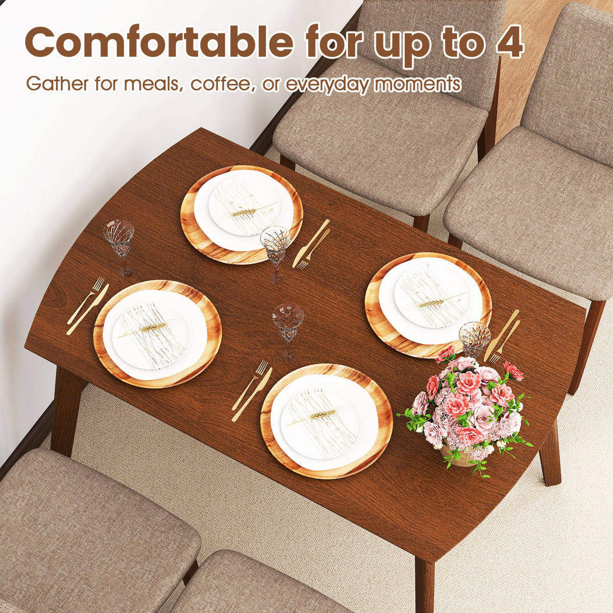 5-Piece Dining Table Set with High-Back Upholstered Chairs, Light Brown