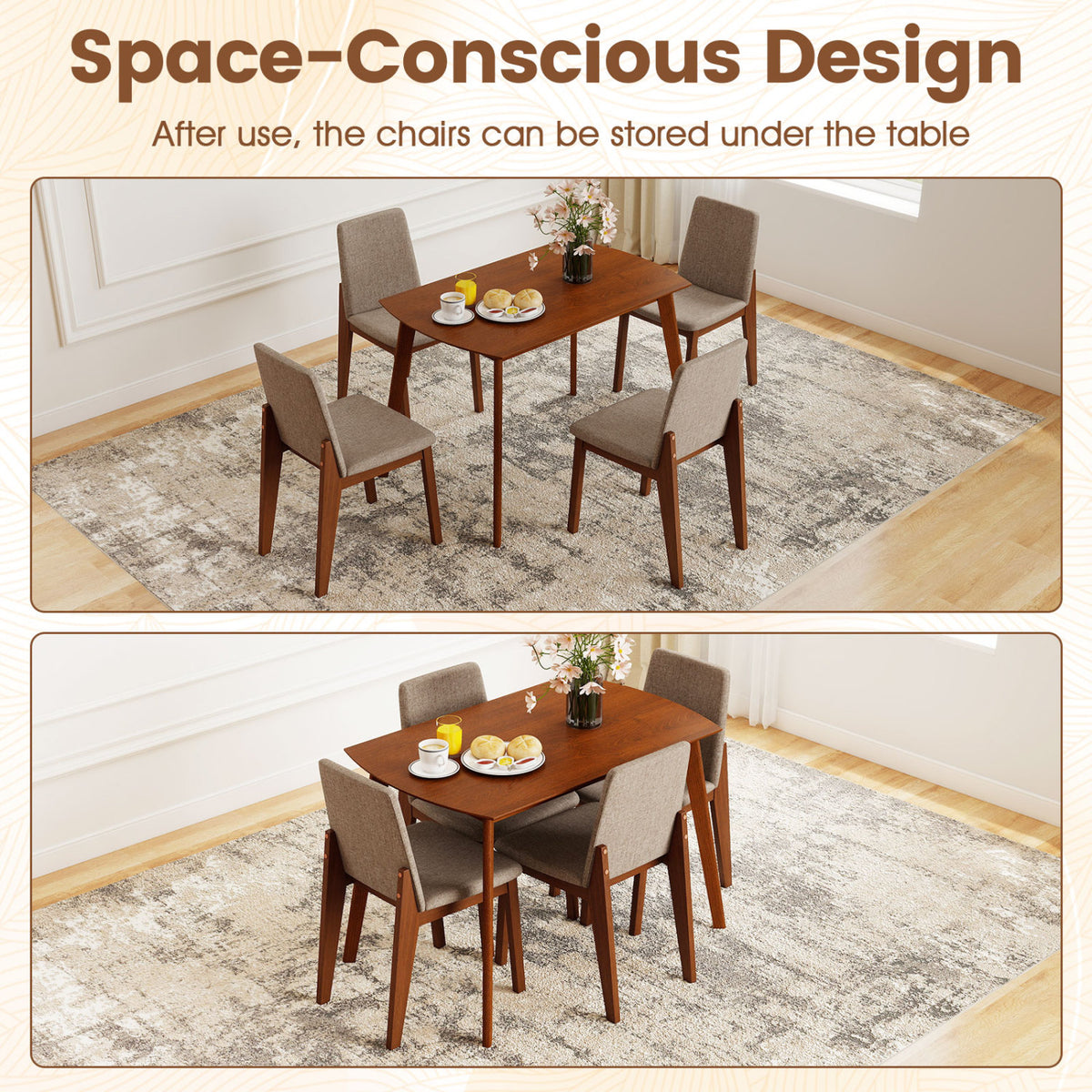 5-Piece Dining Table Set with High-Back Upholstered Chairs, Light Brown