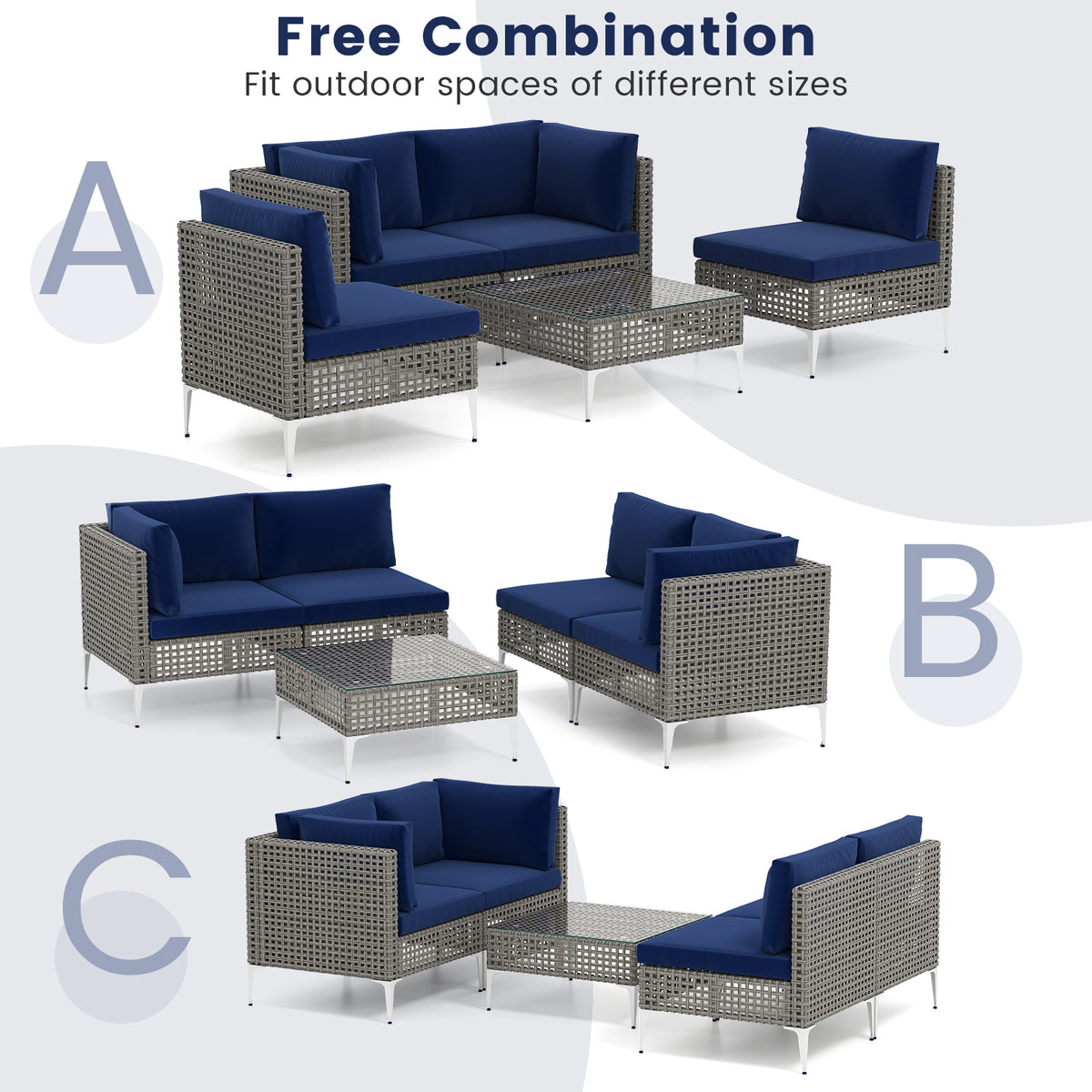 5-Piece Outdoor Patio Rattan Furniture Set with Glass Coffee Table - Navy