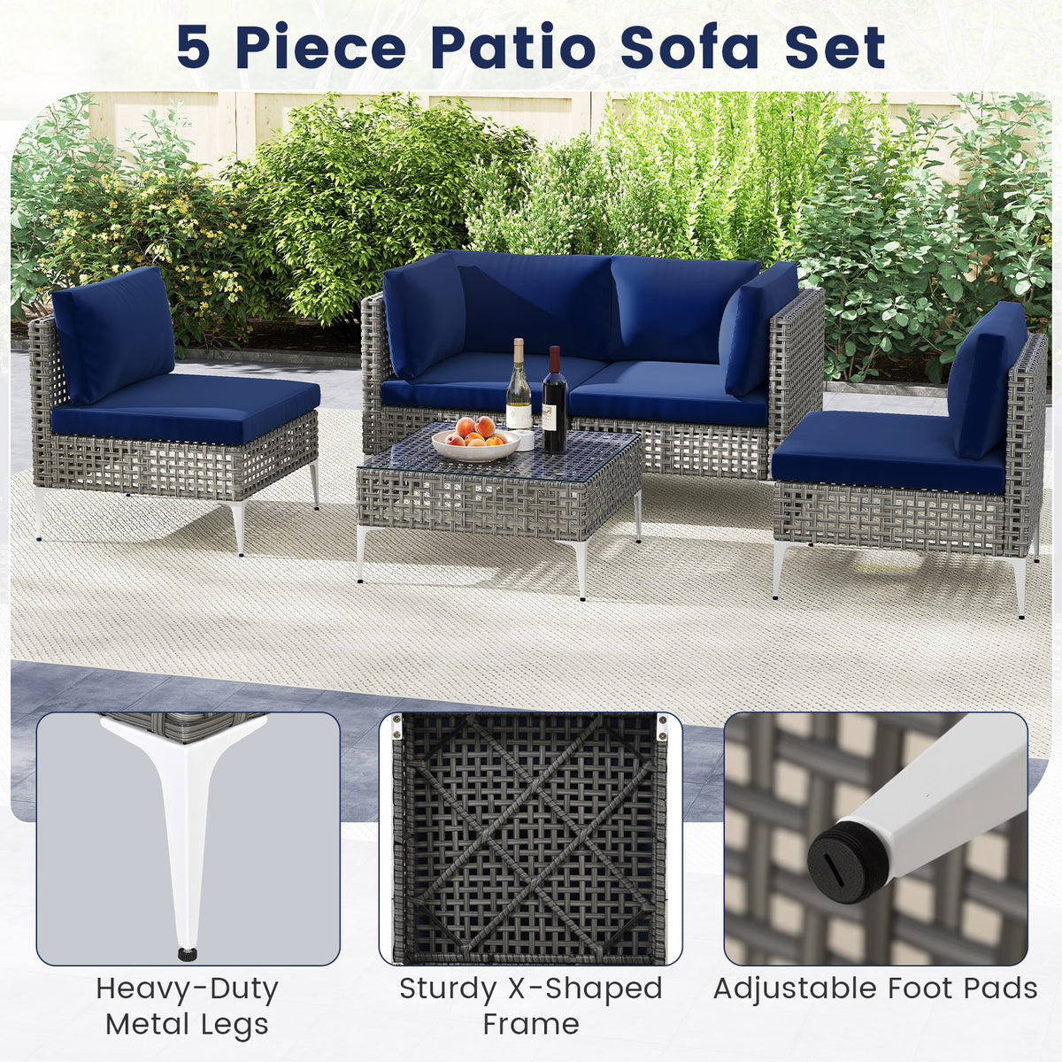 5-Piece Outdoor Patio Rattan Furniture Set with Glass Coffee Table - Navy