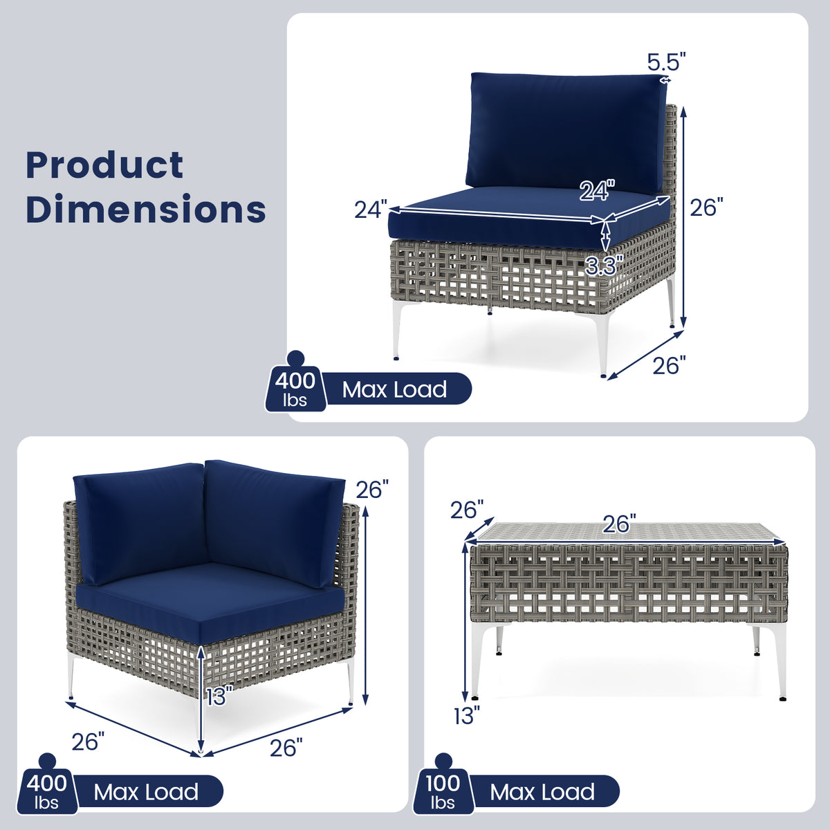 5-Piece Outdoor Patio Rattan Furniture Set with Glass Coffee Table - Navy