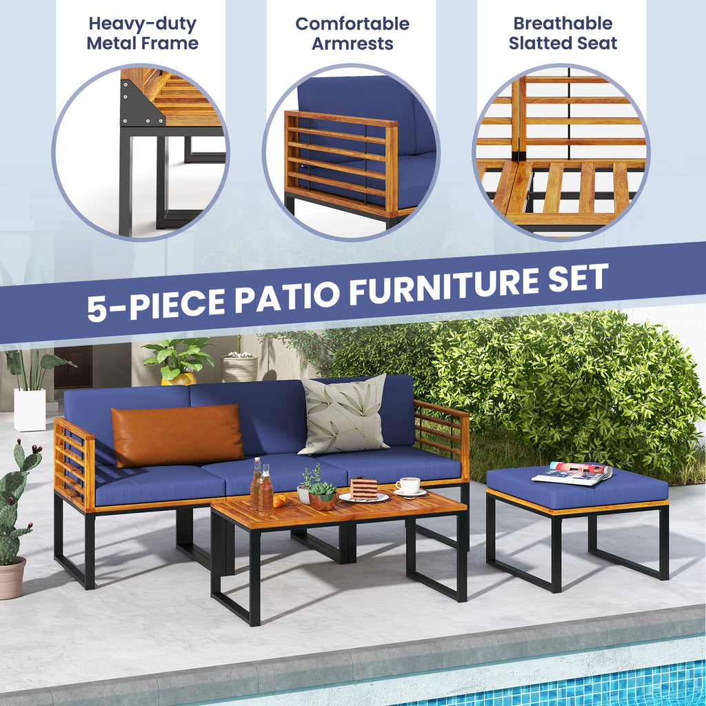 5-Piece Patio Acacia Wood Chair Set with Ottoman and Coffee Table