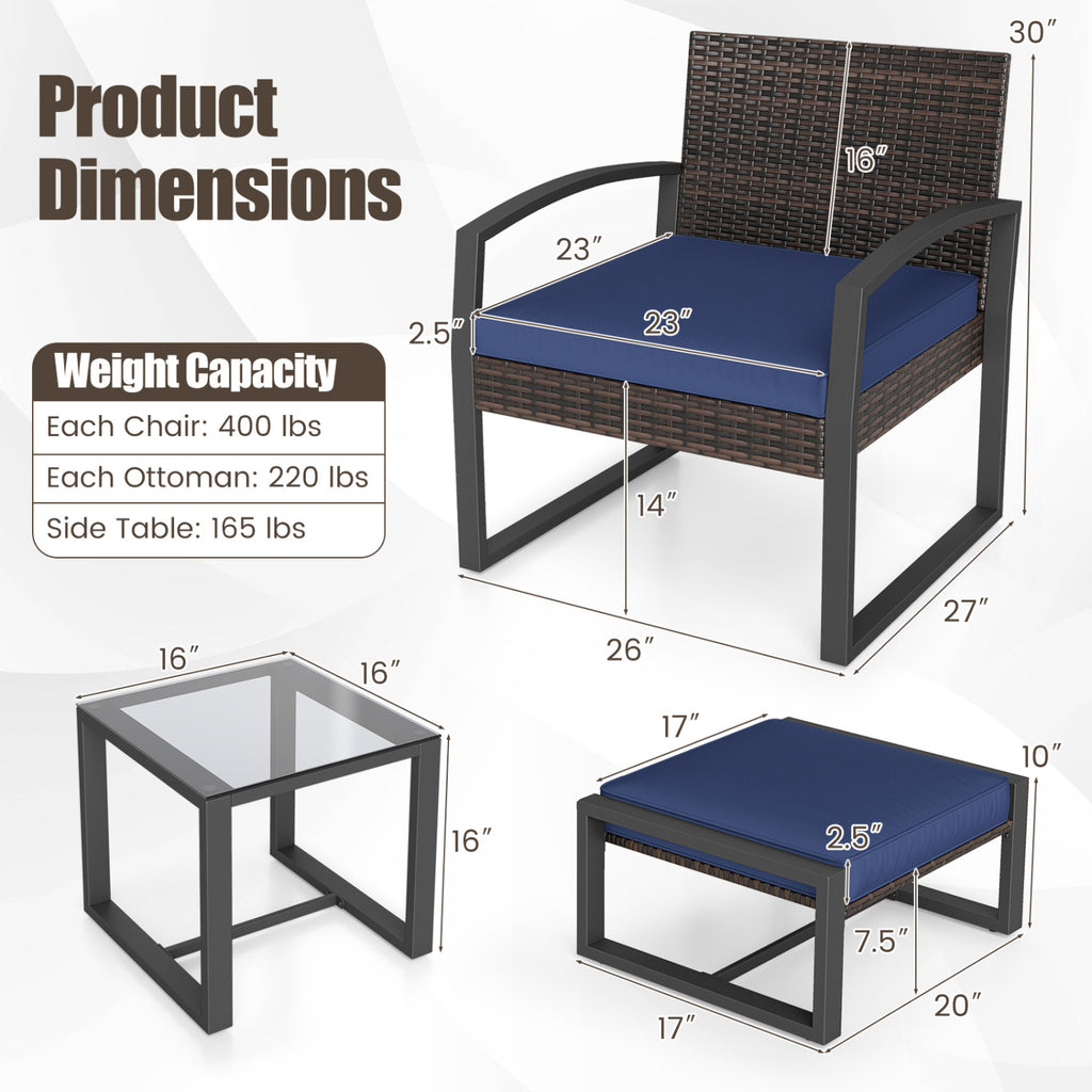 5-Piece Patio Conversation Set with 2 Ottomans and Tempered Glass