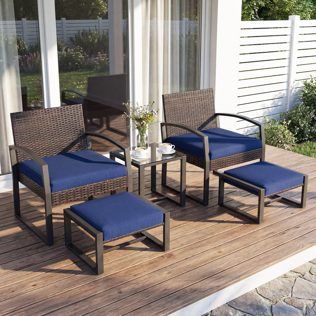 5-Piece Patio Conversation Set with 2 Ottomans and Tempered Glass