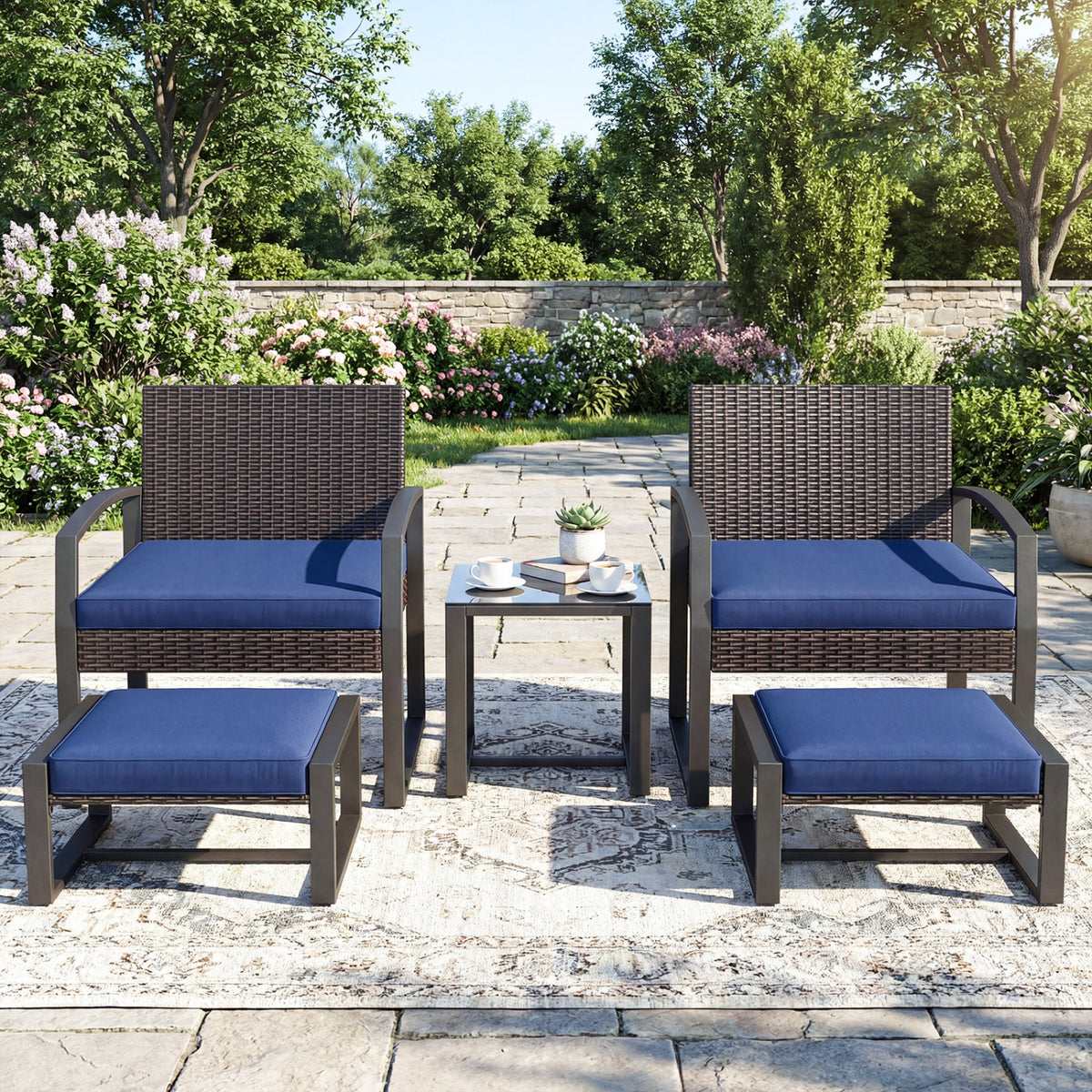 5-Piece Patio Conversation Set with 2 Ottomans and Tempered Glass