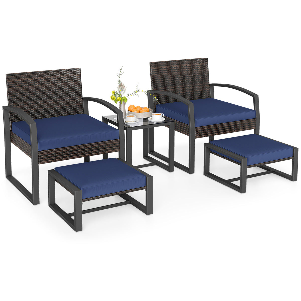 5-Piece Patio Conversation Set with 2 Ottomans and Tempered Glass