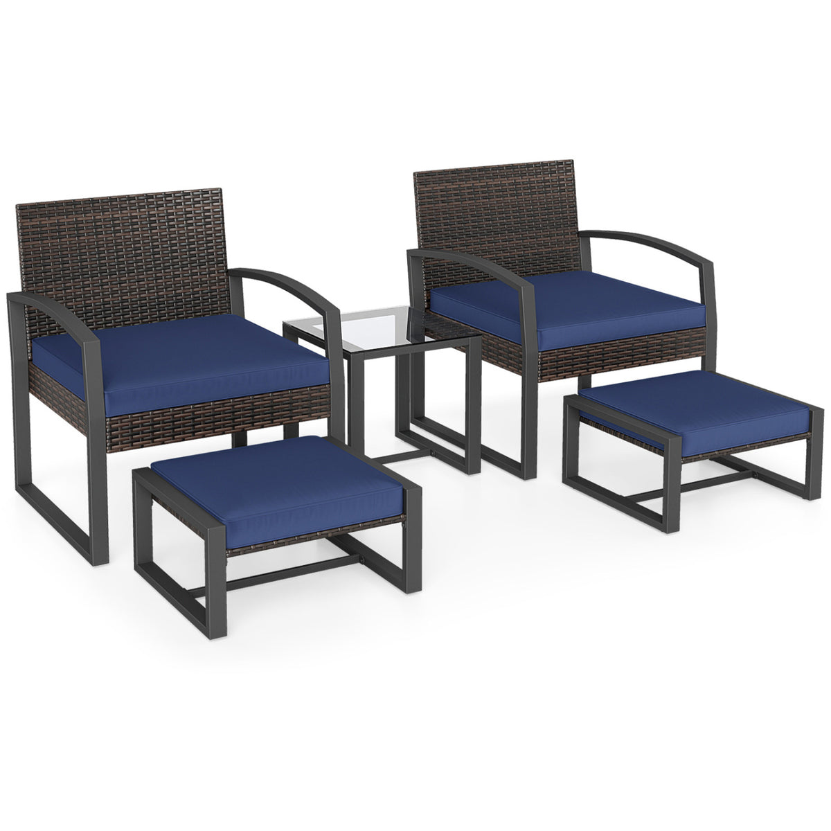 5-Piece Patio Conversation Set with 2 Ottomans and Tempered Glass