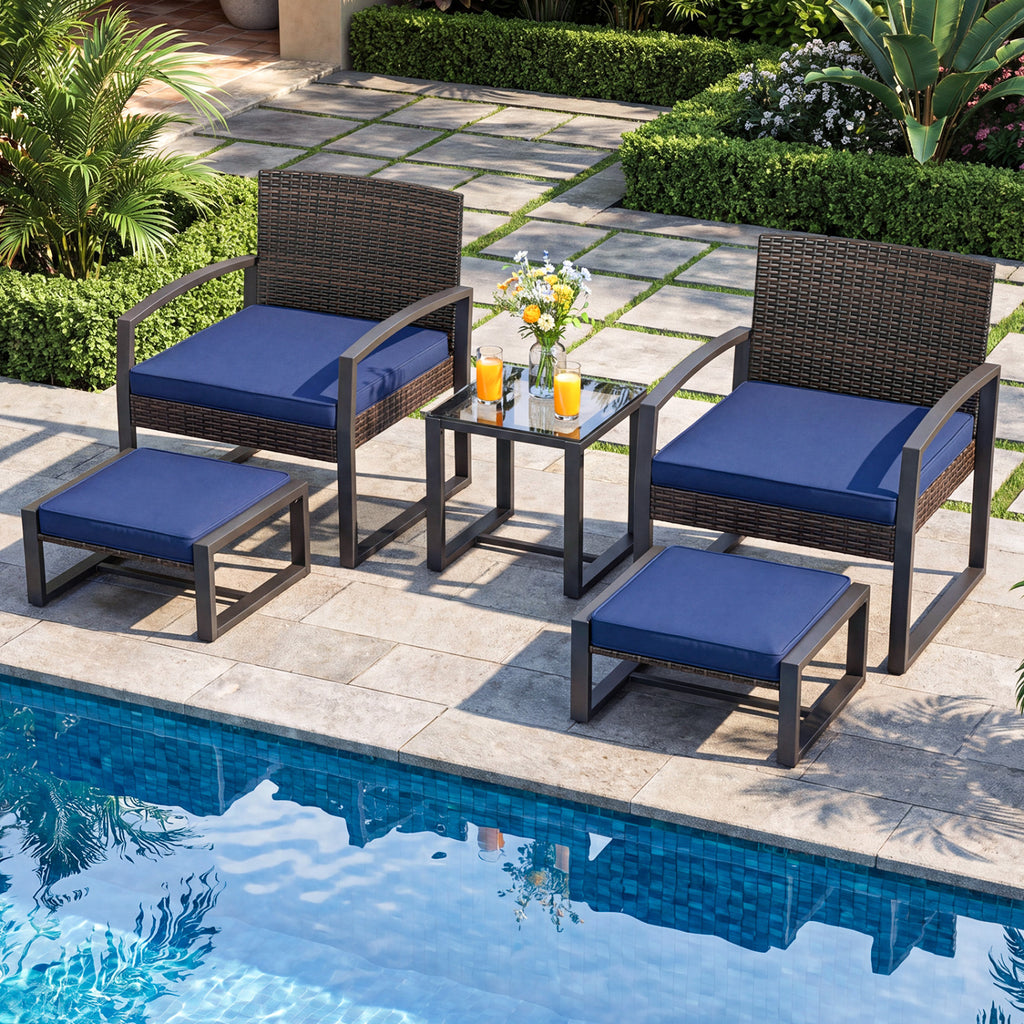 5-Piece Patio Conversation Set with 2 Ottomans and Tempered Glass