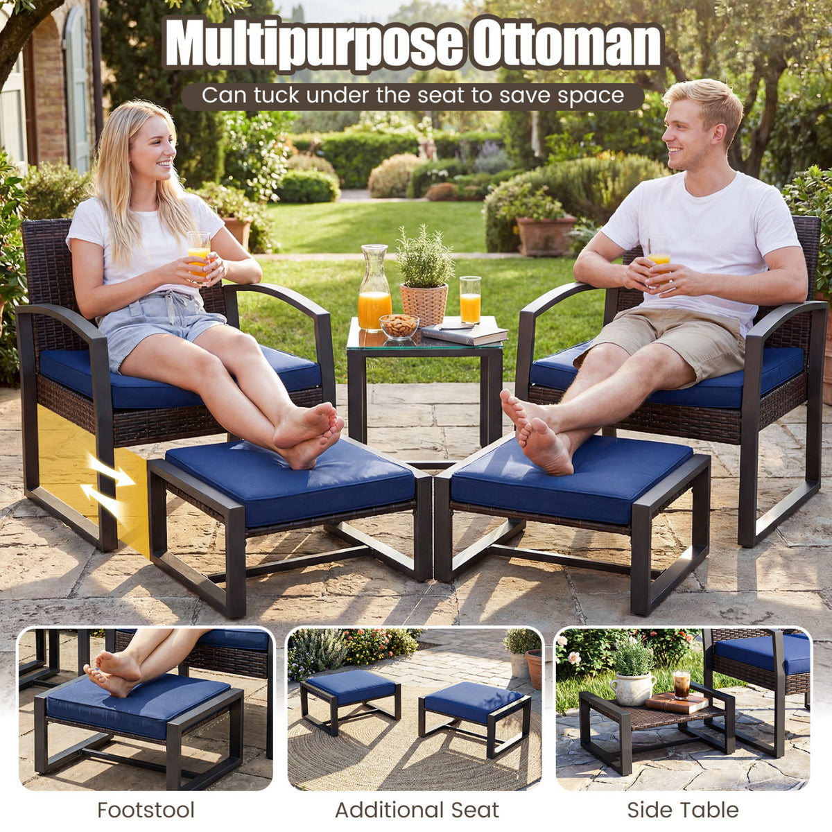5-Piece Patio Conversation Set with 2 Ottomans and Tempered Glass