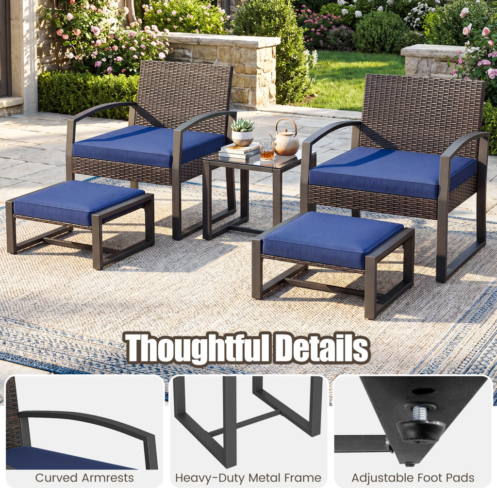 5-Piece Patio Conversation Set with 2 Ottomans and Tempered Glass