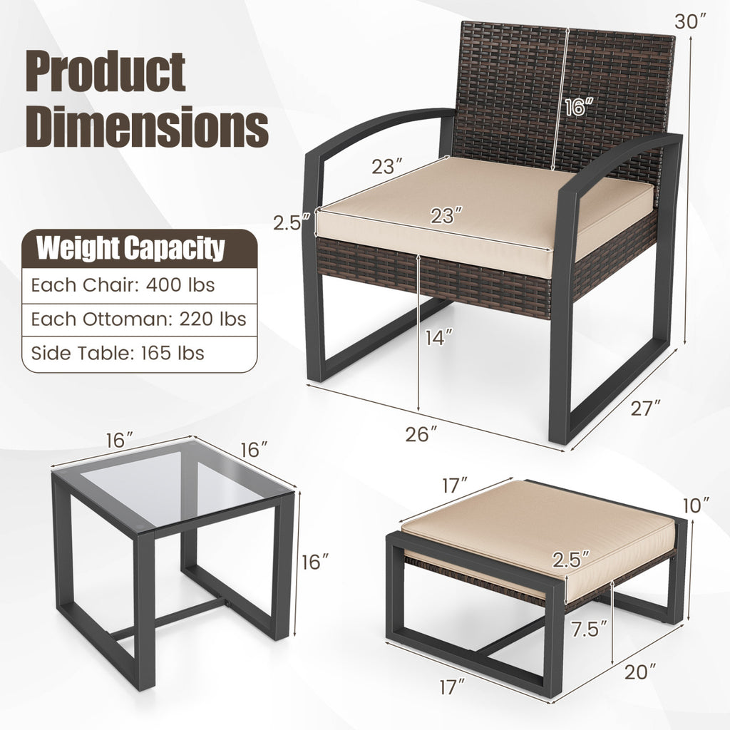 5-Piece Patio Conversation Set with 2 Ottomans and Tempered Glass