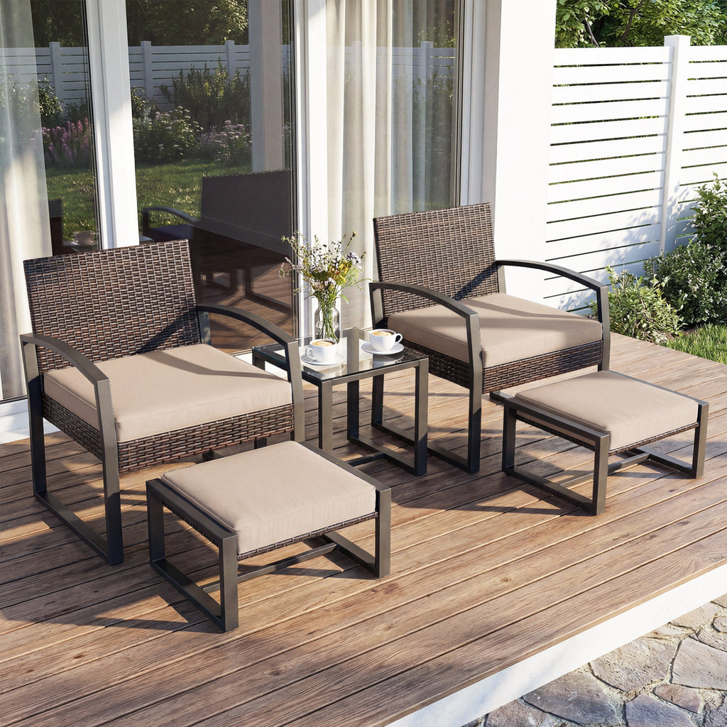 5-Piece Patio Conversation Set with 2 Ottomans and Tempered Glass