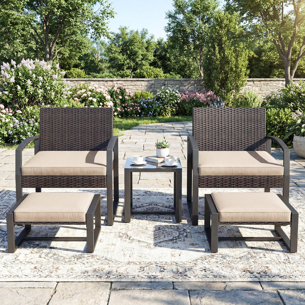 5-Piece Patio Conversation Set with 2 Ottomans and Tempered Glass