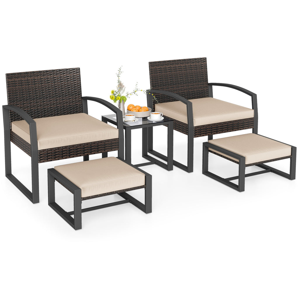 5-Piece Patio Conversation Set with 2 Ottomans and Tempered Glass