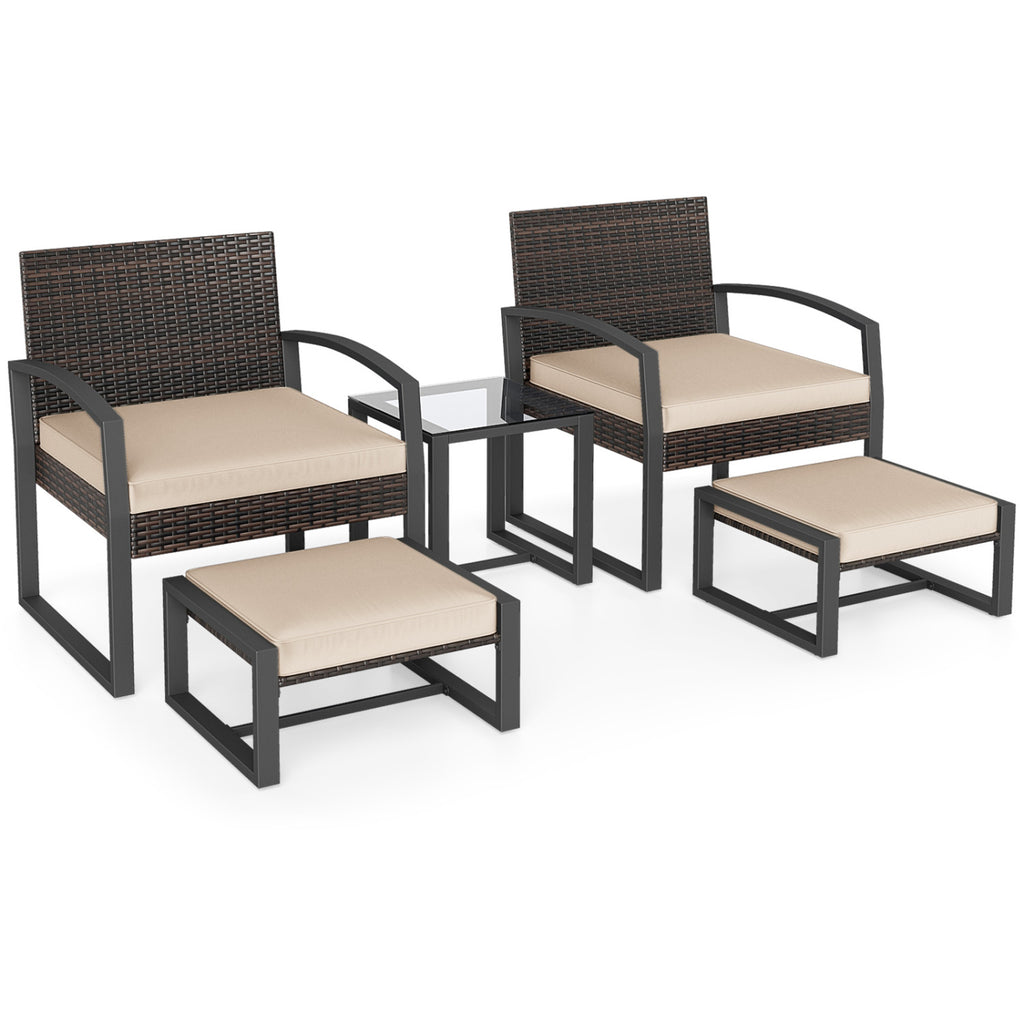5-Piece Patio Conversation Set with 2 Ottomans and Tempered Glass