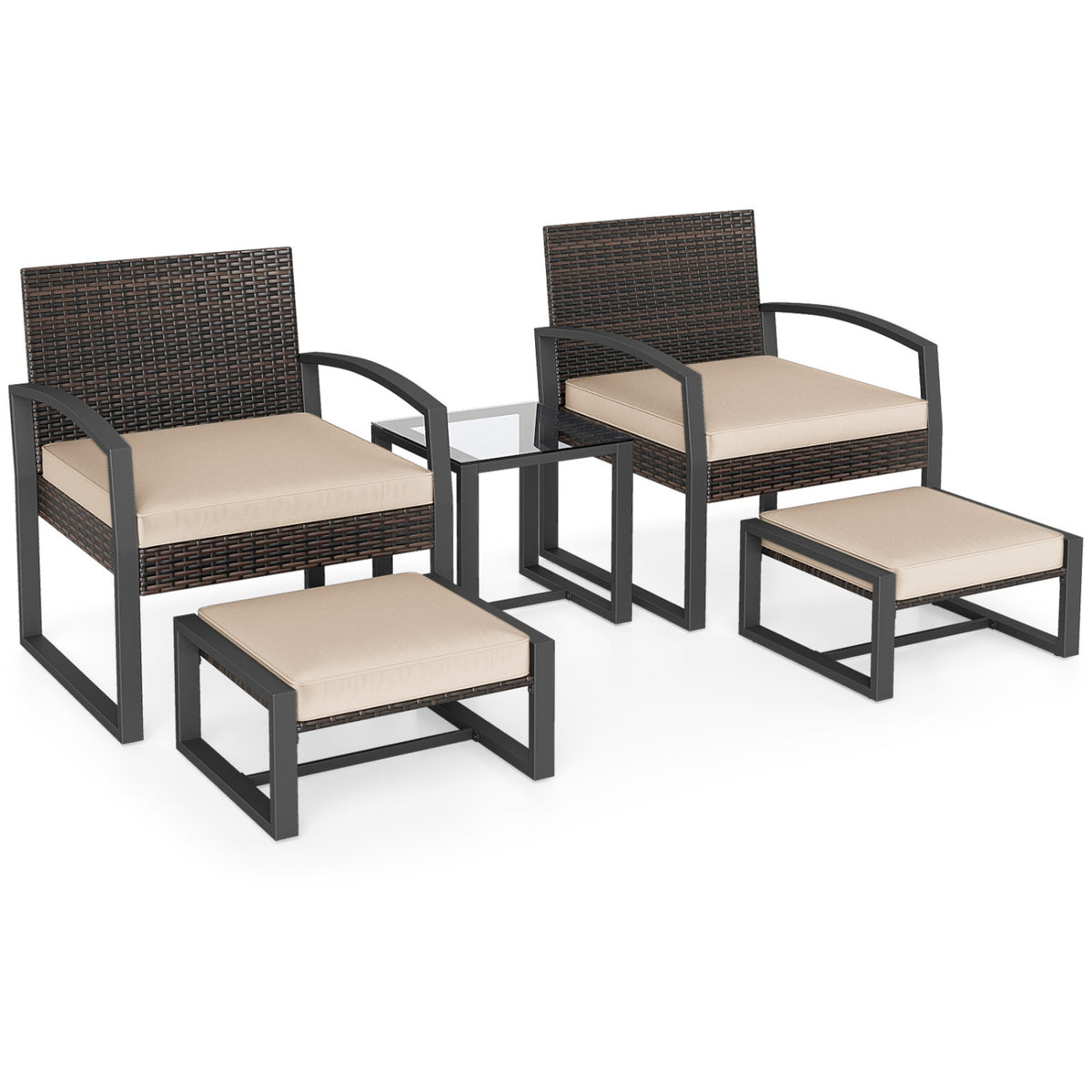 5-Piece Patio Conversation Set with 2 Ottomans and Tempered Glass