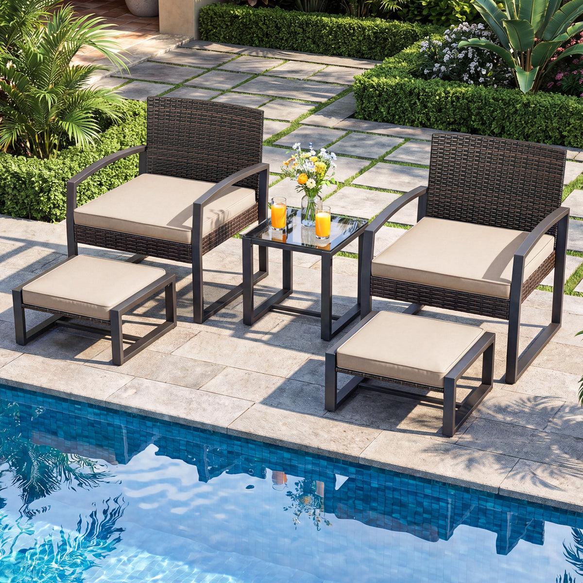 5-Piece Patio Conversation Set with 2 Ottomans and Tempered Glass