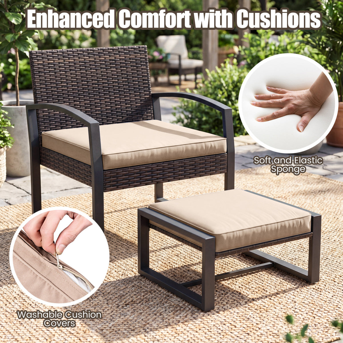 5-Piece Patio Conversation Set with 2 Ottomans and Tempered Glass