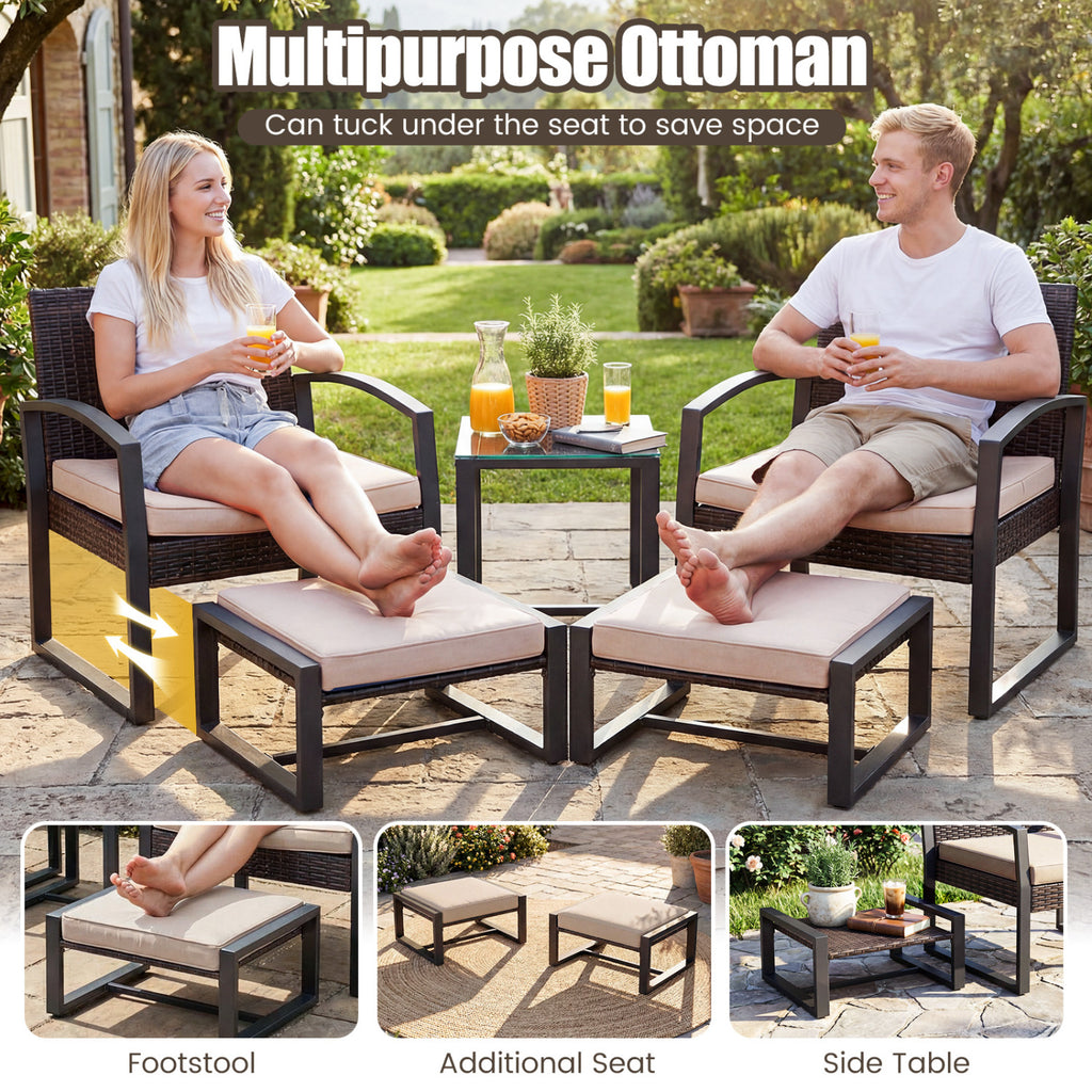 5-Piece Patio Conversation Set with 2 Ottomans and Tempered Glass