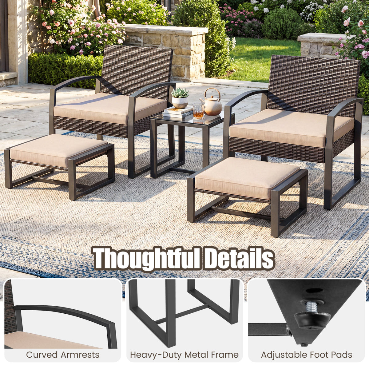 5-Piece Patio Conversation Set with 2 Ottomans and Tempered Glass
