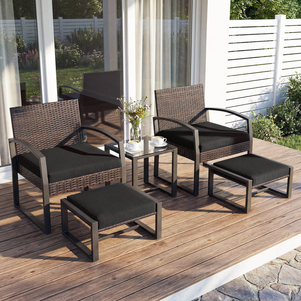 5-Piece Patio Conversation Set with 2 Ottomans and Tempered Glass