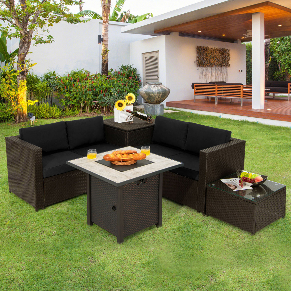5-Piece Patio Furniture Set with 30 Inches Gas Fire Pit Table Outdoor