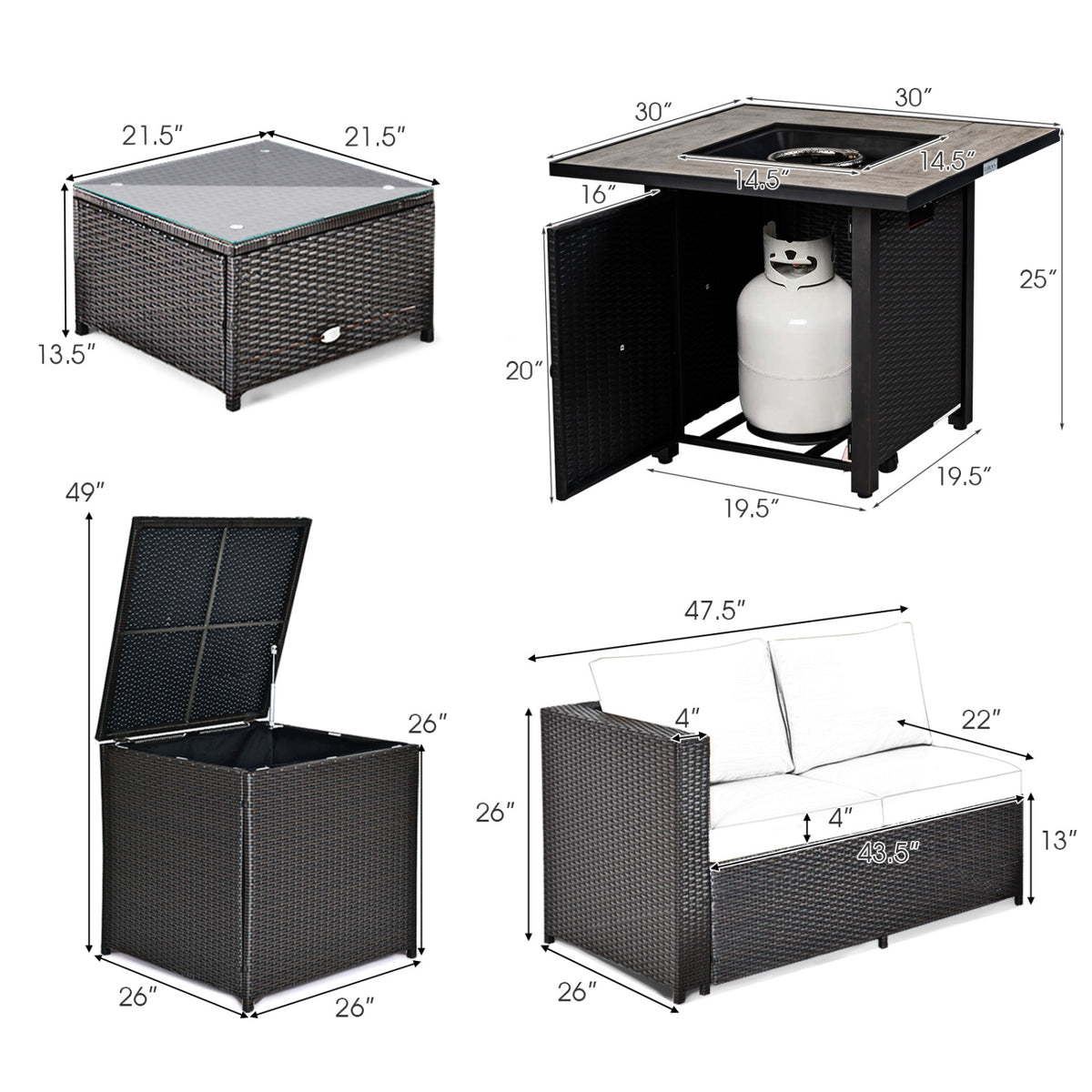 5-Piece Patio Furniture Set with 30 Inches Gas Fire Pit Table Outdoor