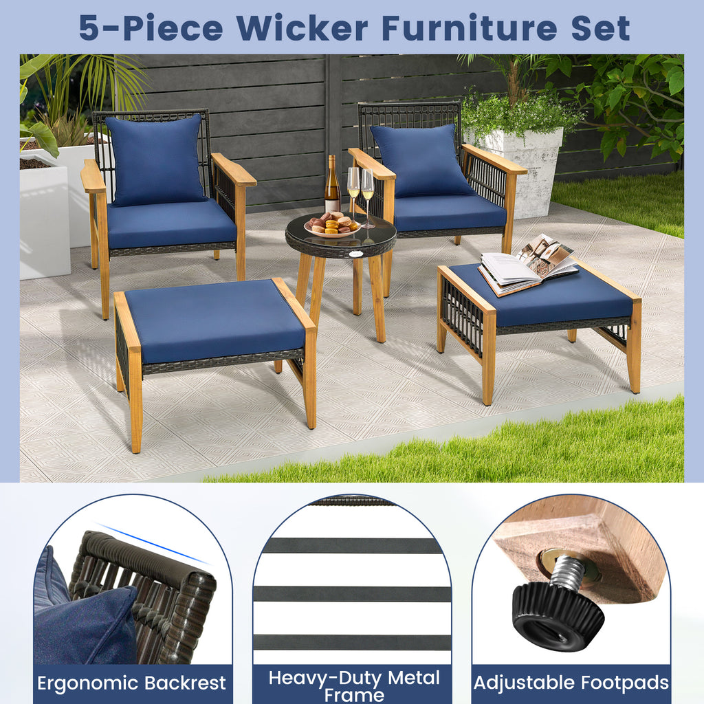 5 Piece Patio Furniture Set with Coffee Table and 2 Ottomans