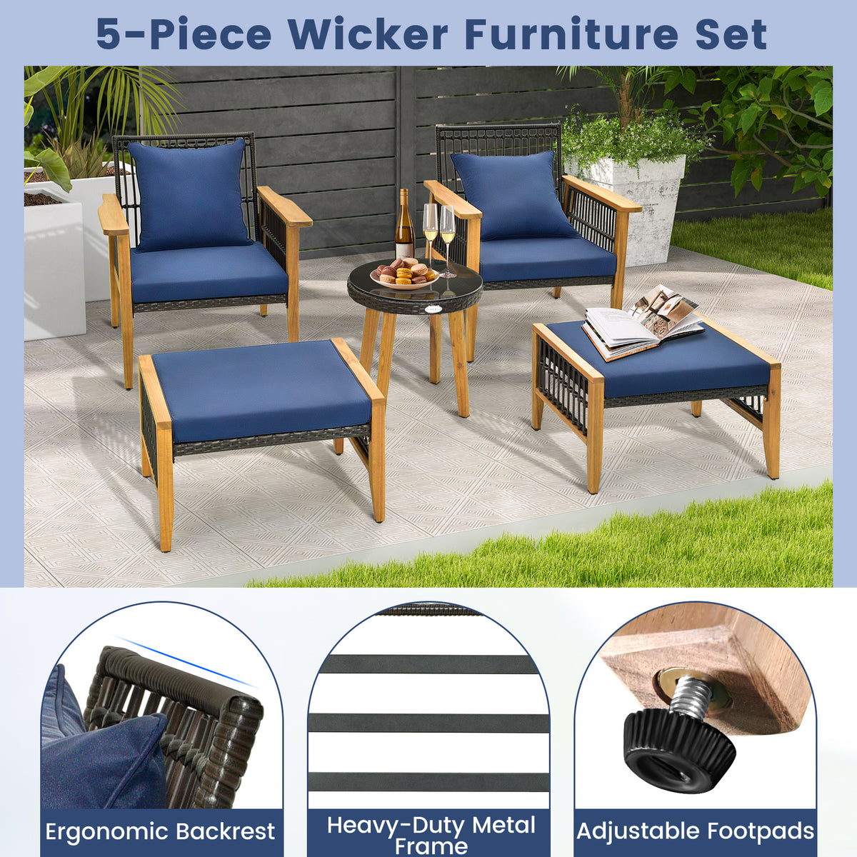 5 Piece Patio Furniture Set with Coffee Table and 2 Ottomans