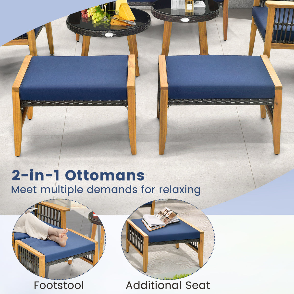 5 Piece Patio Furniture Set with Coffee Table and 2 Ottomans