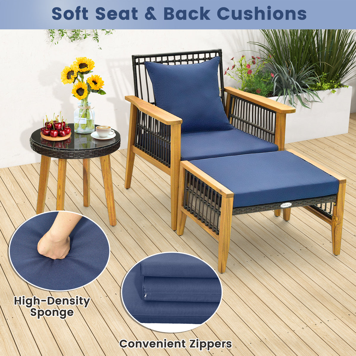 5 Piece Patio Furniture Set with Coffee Table and 2 Ottomans