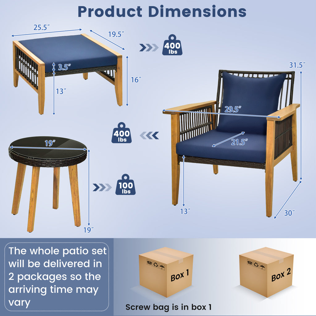 5 Piece Patio Furniture Set with Coffee Table and 2 Ottomans