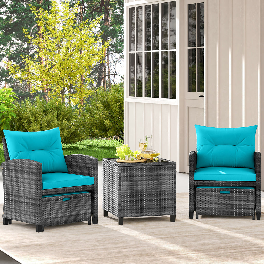5 Piece Patio Rattan Furniture with 2 Ottomans and Tempered Glass