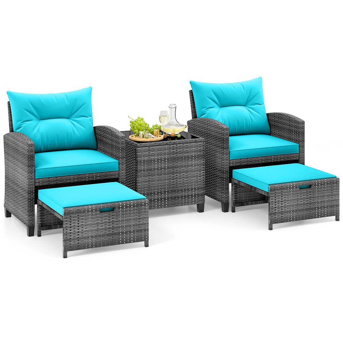5 Piece Patio Rattan Furniture with 2 Ottomans and Tempered Glass