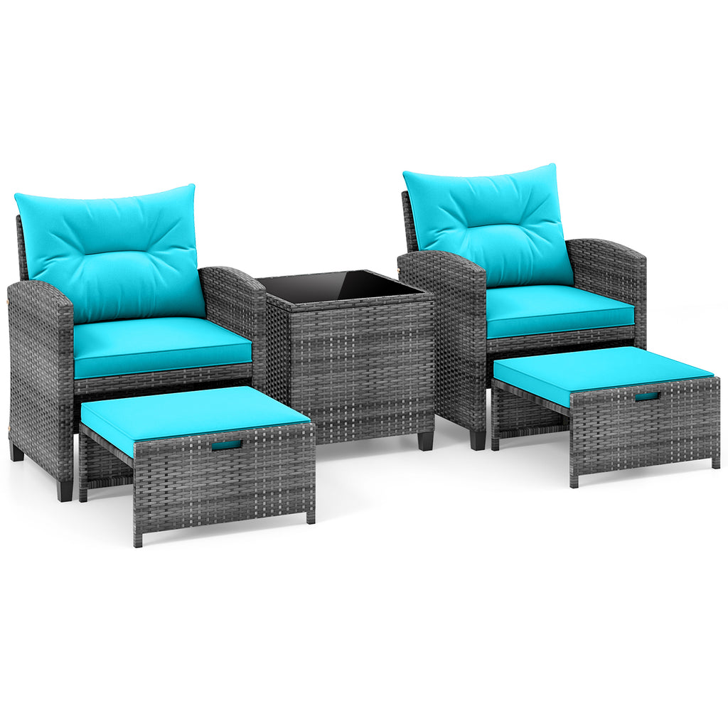 5 Piece Patio Rattan Furniture with 2 Ottomans and Tempered Glass