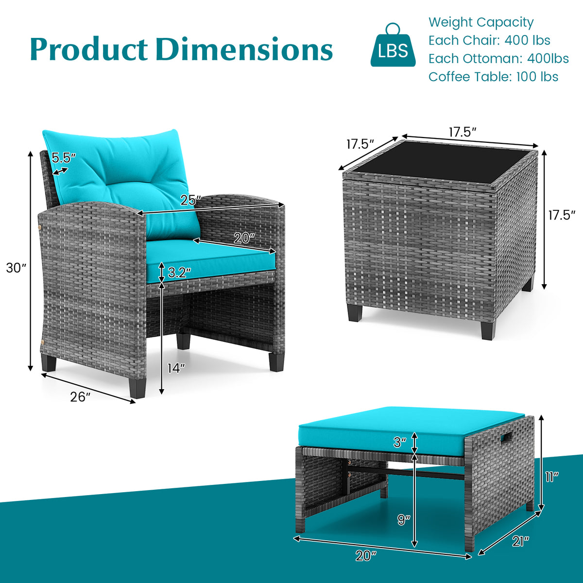 5 Piece Patio Rattan Furniture with 2 Ottomans and Tempered Glass