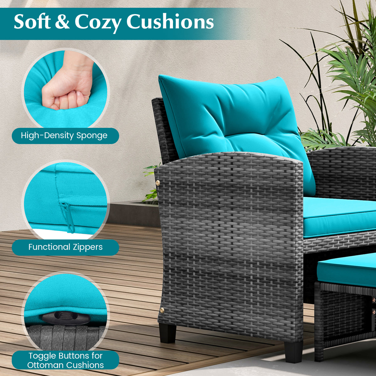 5 Piece Patio Rattan Furniture with 2 Ottomans and Tempered Glass