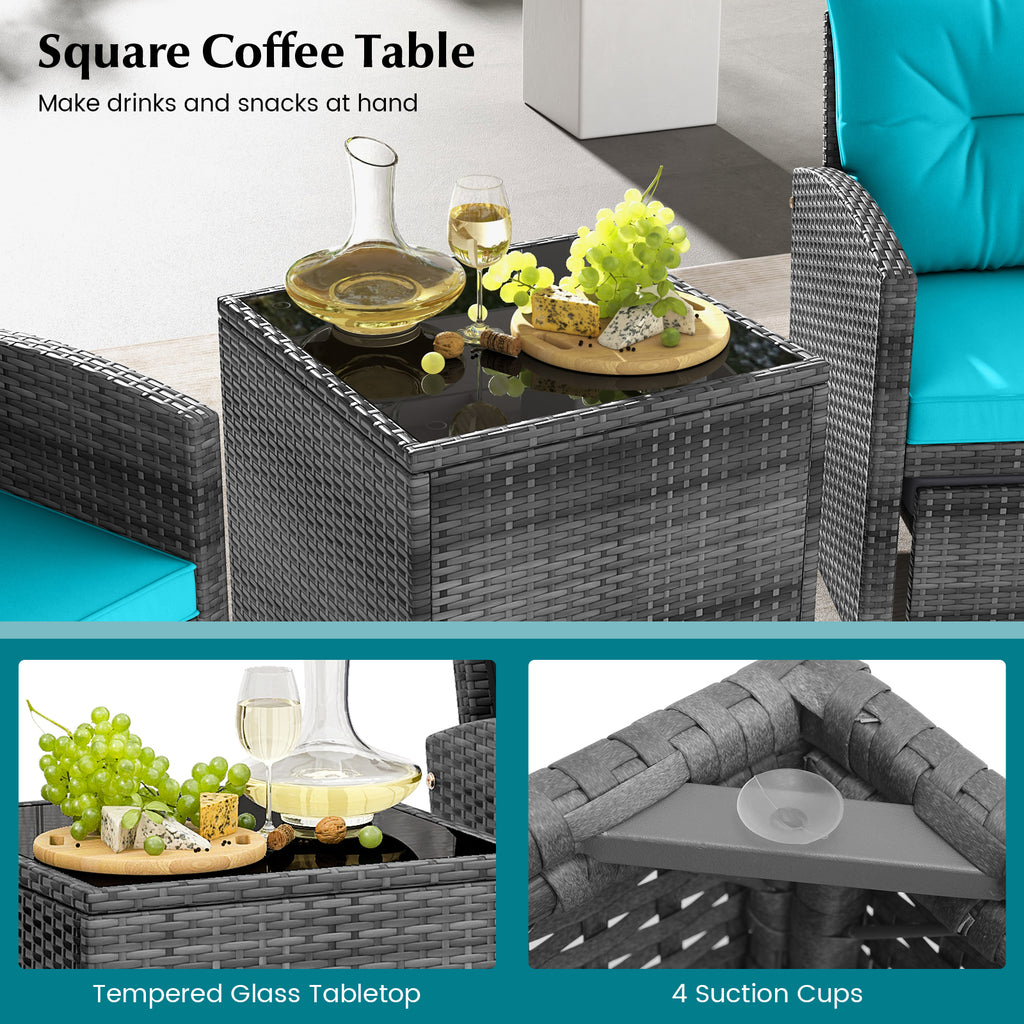 5 Piece Patio Rattan Furniture with 2 Ottomans and Tempered Glass