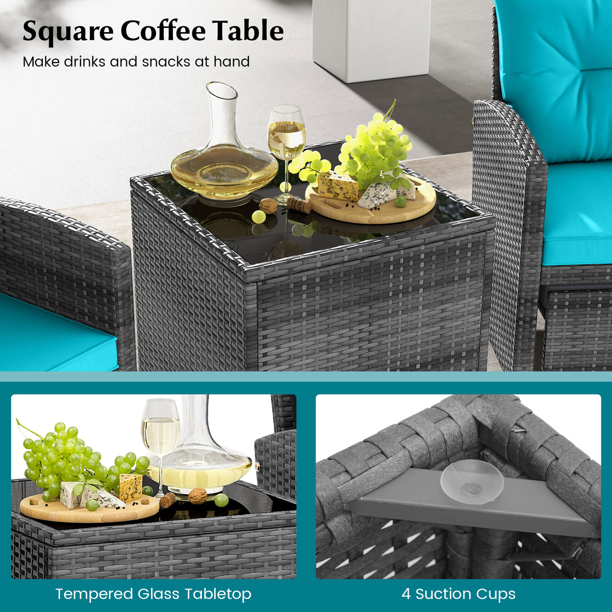 5 Piece Patio Rattan Furniture with 2 Ottomans and Tempered Glass