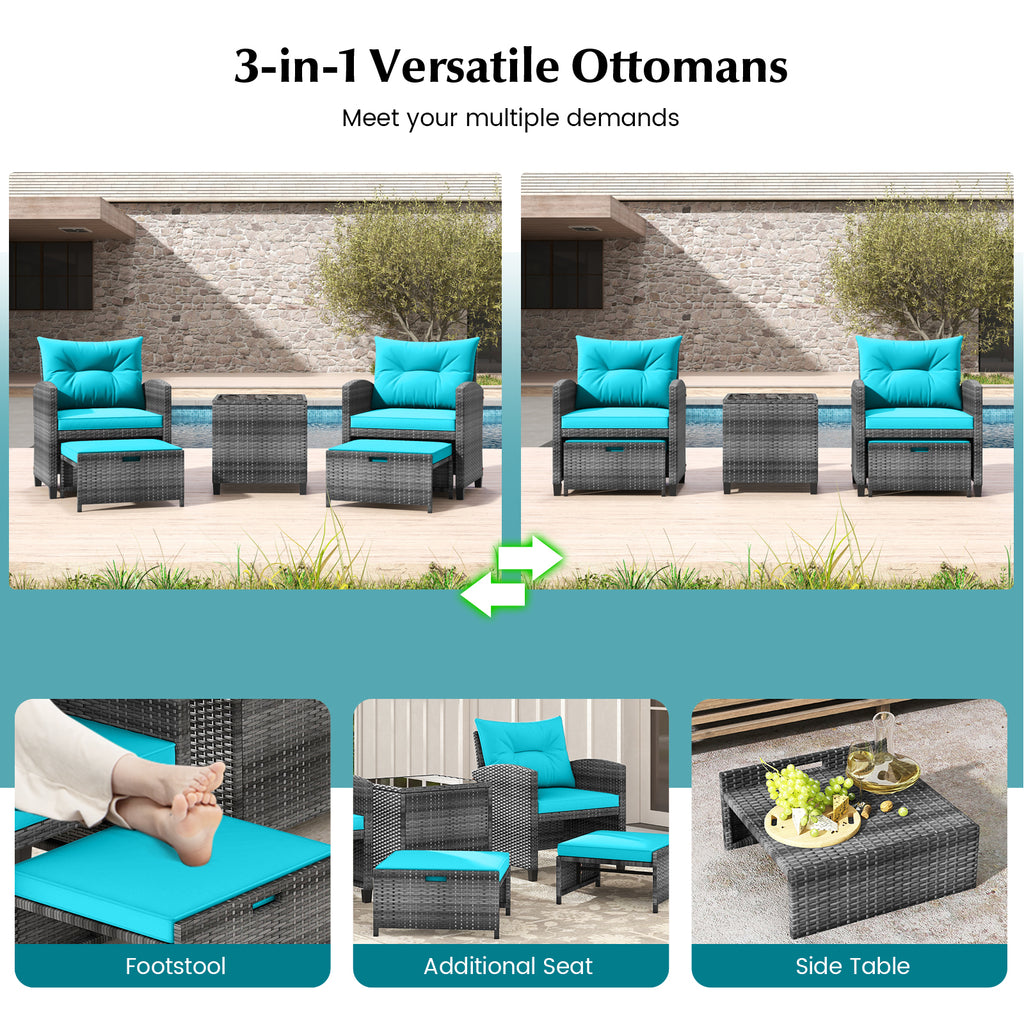 5 Piece Patio Rattan Furniture with 2 Ottomans and Tempered Glass