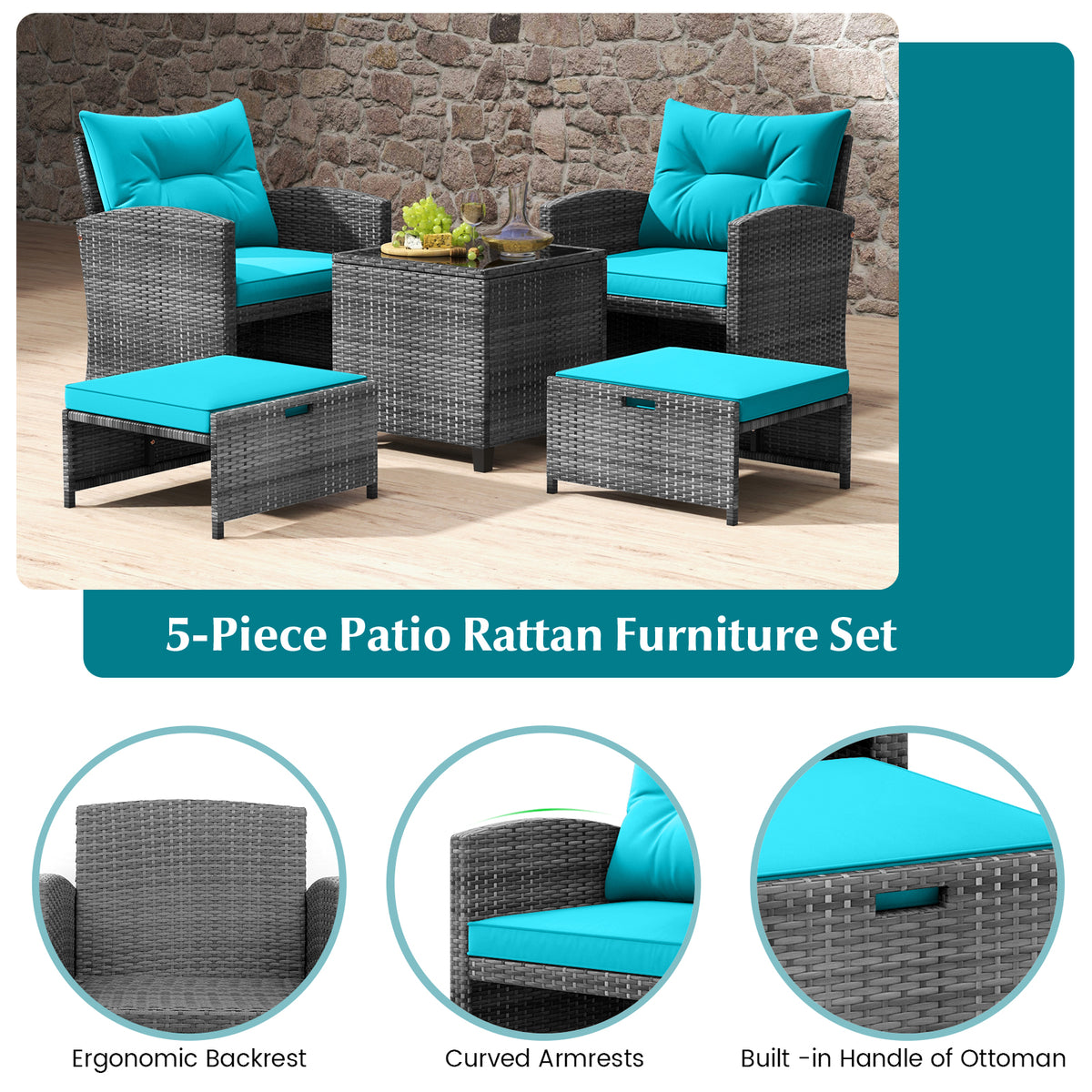 5 Piece Patio Rattan Furniture with 2 Ottomans and Tempered Glass