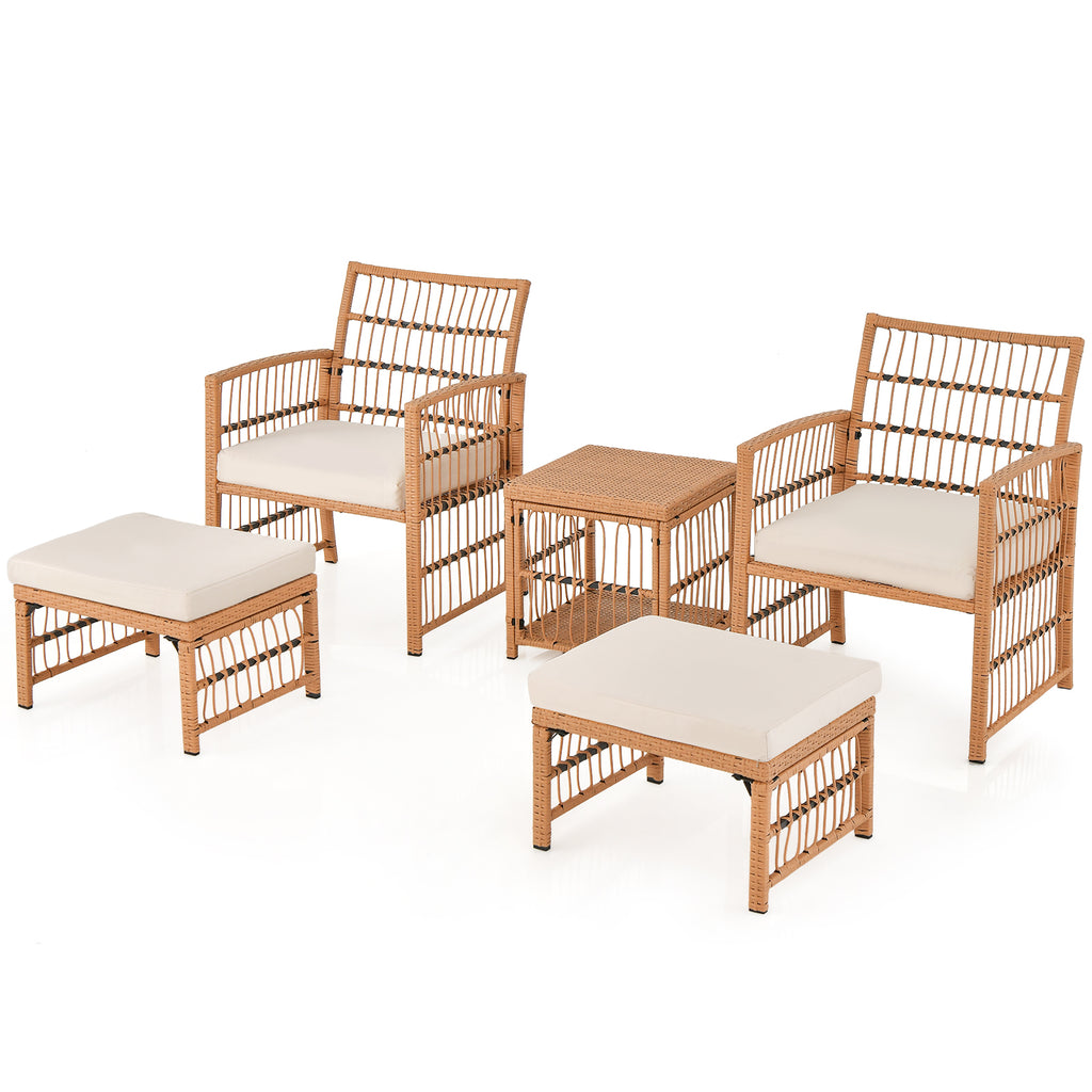 5 Piece Patio Wicker Sofa Set with Seat and Back Cushions