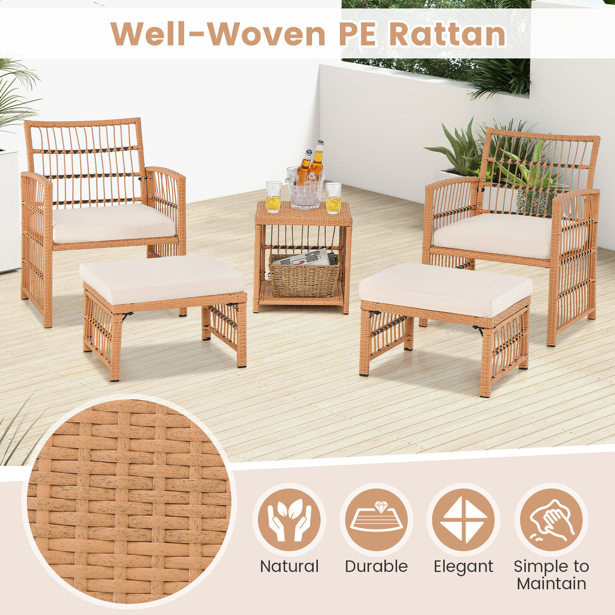 5 Piece Patio Wicker Sofa Set with Seat and Back Cushions